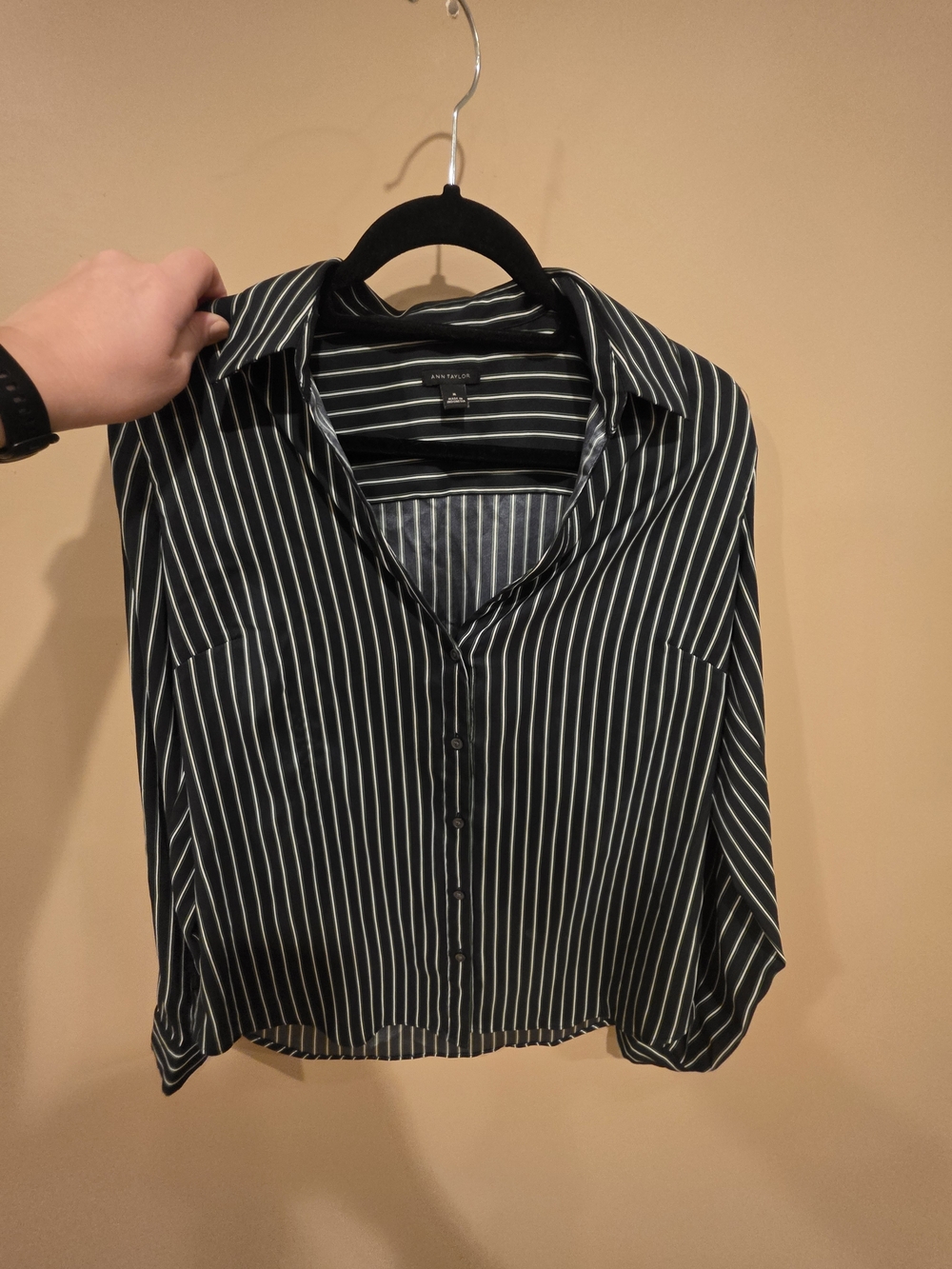 Ann Taylor Black Striped Button-Down Blouse with Green & White Pinstripes